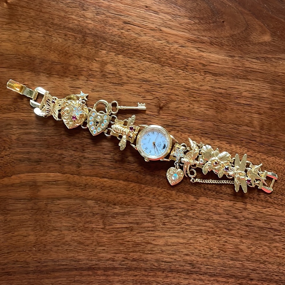 80s Kirks Folly Crystal Charms Moon Phase Gold Watch BeeDragonflyButterfly